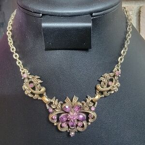 Coro Gold Necklace with Purple Floral Design